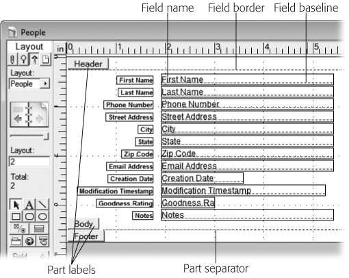 In Layout mode, your database looks a lot different. Each field on the layout shows its name where the data used to be, has a black border, and has a dotted line baseline. You can also see labels and separators for the three parts on this layout: header, body, and footer.