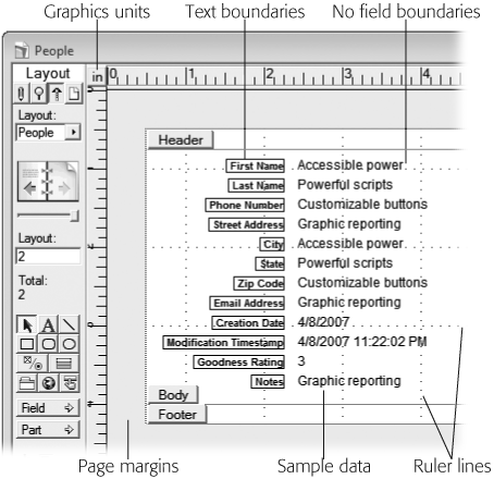 In this picture, the graphic rulers, ruler lines, text boundaries, page margins, and sample data have been turned on; and field boundaries have been turned off. You can compare this illustration with to see how things have changed. You decide which settings you use, according to your personal preference. And you can turn any of them off or on with ease, so feel free to experiment.