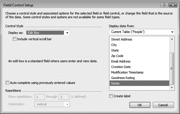 The Field/Control Setup dialog box (Format → Field/Control → Setup) lets you control how a field presents itself on the layout. You can add scroll bars, control the display of repeating fields, and—most useful of all—turn ordinary fields into pop-up menus, checkboxes, or radio buttons. All of these advanced options are covered in detail in .