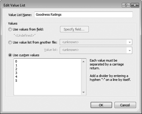 A pop-up menu needs a value list to determine what choices it shows. Here, you’re defining a value list called Goodness Ratings with values for zero through five. When you’re done, click OK, and then OK again to return to the Field Format dialog box.