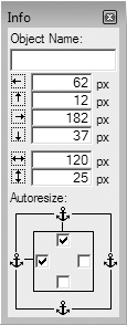 The bottom half of the Object Info palette is devoted to the Autoresize settings. The four checkboxes tell FileMaker to anchor the object to the corresponding side of the window (notice the little anchor icons). Right now, all the objects on your layout are anchored at the top and left. In other words, their distance from the top and left edges of the window never changes, even as the window gets bigger.