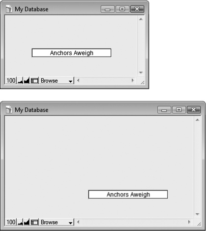 Top: This time the same object as in is anchored on the bottom and right instead.Bottom: Enlarging the window shows a very different result. FileMaker moves the object down and to the right to ensure that it keeps a constant distance from its anchored edges.