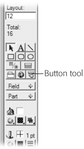 When you’re in Layout mode, you find the Button tool in the status area, right about…there. It looks like a little button being poked in the face by its big brother, or being clicked, or something.