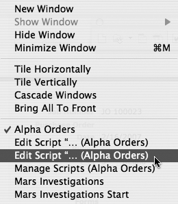 The Window menu displays the names of all FileMaker’s open windows. Database windows usually have the same name as their file, so it’s easy to choose the one you need. But Edit Script windows lose a bit of meaning when the menu truncates their names, as you can see here. When you have multiple Edit Script windows open, be prepared. You may not get the window you want the first time. If you think about the windows like a deck of cards, it may help you remember which one is which. When two windows appear to have the same name, the one closest to the top of the deck will be higher in the Window menu.