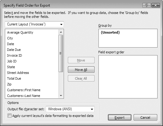 When FileMaker exports the data, it includes each field in this list in the export file. The order of the fields in this list determines their order in the export file, and you can change it by dragging fields up or down in the list. To add every field in the field list to the field export order list, click Move All. Likewise, to remove all fields from the export order, click Clear All.