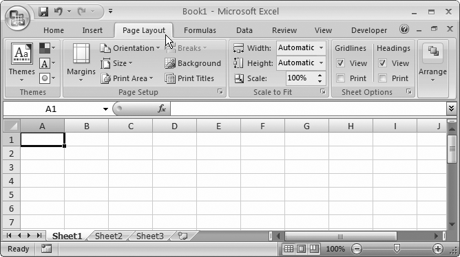 When you launch Excel you start at the Home tab, but hereâs what happens when you click the Page Layout tab. Now, you have a slew of options for tasks like adjusting paper size and making a decent printout. The buttons in a tab are grouped into smaller boxes for clearer organization.