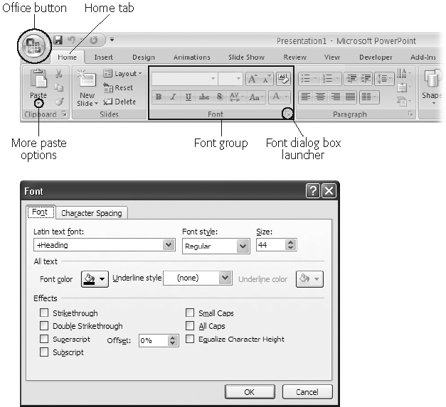 If you click the dialog box launcher in the bottom-right corner of the Font group (top, circled), youâll be presented with the font dialog box (bottom).