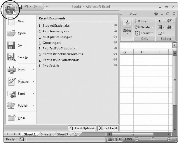 The Office menu (shown here in Excel) is bigger and easier to read than a traditional menu. It also has a list of the documents you used recently on the right side.