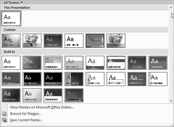 The Themes gallery, shown here, is just one of many galleries you find in PowerPoint. Mousing over a gallery option automatically previews that option on your slide.