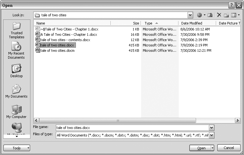 This Open dialog box shows the contents of the tale of two cities folder, according to the âLook inâ box at the top. As you can see in the âFile name boxâ at the bottom of the window, the file tale of two cities.docx is selected. By clicking Open, Mr. Dickens is ready to go to work.