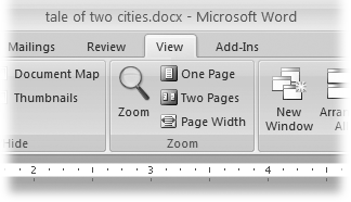 The Zoom group of options lets you view your document close up or at a distance. The big magnifying glass opens the Zoom dialog box with more controls for fine-tuning your zoom level. For quick changes, click one of the three buttons on the right: One Page, Two Pages, or Page Width.
