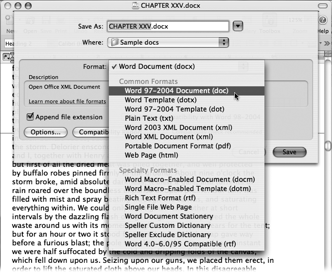 Word can convert your document into many formats. If you save it as a “Word document (docx)” (the proposed choice), then only the most recent versions of Microsoft Word—specifically Word 2008 (on the Mac), or Word 2007 (Windows)—can open it without any conversion or translation. If you’re exchanging documents with others, and you’re not certain they have the latest version of Word, Word 97-2004 Document (doc) is the most likely to be readable in any version of Word on any computer.