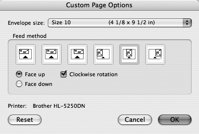 When you turn the “Clockwise rotation” box on and off, and click the “Face up” and “Face down” radio buttons, the small preview windows show you the differences in how you’ll be feeding the envelope into your printer.