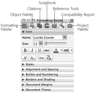 In Word 2008, almost every conceivable formatting control resides in a single convenient window, a jam-packed command center called the Toolbox. Its row of navigation buttons open the Formatting palette, the Object Palette, Citations, Scrapbook, Reference Tools, Compatibility Report, and the Project Palette. The essential Formatting Palette is further subdivided into panes, including the Font panel, which lists the quickest ways to restyle your text. Clicking the close button sends the Toolbox genie back into its toolbar button.