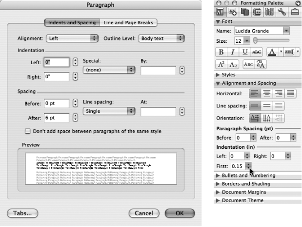 Left: Format → Paragraph (or Option-⌘-M) summons the Paragraph dialog box, showing all the controls that apply to the selected paragraphs.Right: The expanded Formatting Palette reveals the most useful controls. For example, the controls at the bottom of this panel are a quick way to change indents.