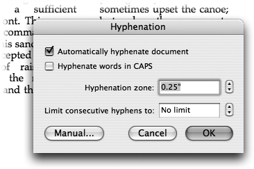 By default, hyphenation is turned off; if a word is too long, Word moves it down to a new line. The result can be ugly gaps between words. Turning on “Automatically hyphenate document” can produce much better-looking spacing.