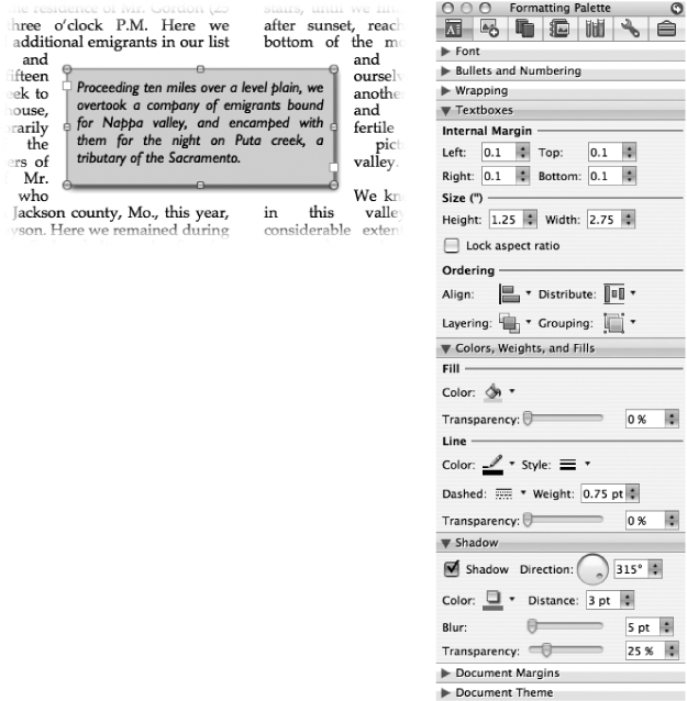 Left: A text box is ideal for pull quotes—extracted quotations designed to catch the eye of someone browsing your document—like the one shown here.Right: When a text box is selected, the Formatting Palette changes to reflect the tools you need.
