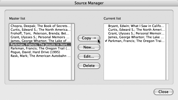 If you’re creating a new document and need to use citations you’ve created before, choose Citation Source Manager from the Citations palette’s Actions (gear) button to open Word’s citations clearinghouse. Select previously created citations in the Master list (⌘ -click to select more than one) and click the Copy button to move them to the Current list, making them available in the Citations palette. Conversely, if you’re opening a document containing citations created on a different computer, select them in the Current list and click Copy to move them into your Master citations collection. A checkmark indicates a citation you’ve used in the document’s body text (see the Note on ).