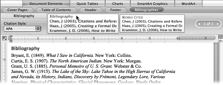 Create an instant bibliography (assuming you’ve entered your reference data in the Citations list) by clicking the bibliography thumbnail in the Elements Gallery. Word creates a bibliography using the Citation Style shown in the pop-up menu—which matches the style you’ve used elsewhere in your document. If you try to change the style here, Word warns you that doing so will change the citations style for the entire document.