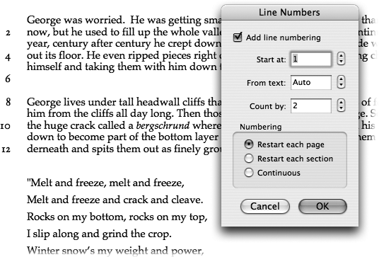 When you’re comparing documents with others or reading through a script, line numbers are indispensable. Add them by choosing Format → Document → Layout tab and clicking Line Numbers to summon this dialog box. If you’d like Word to not number specific paragraphs, highlight them and choose Format → Paragraph → “Line and Page Breaks” tab and turn on “Suppress line numbers.” Here, for example, that option was used for the quotation, so the numbering skips over that part.