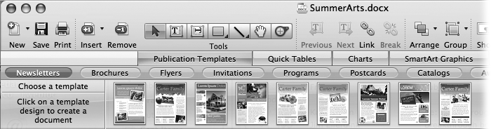 The Publication Templates section of the Elements Gallery displays thumbnail views of all available templates. Choose the type of document you want to create by clicking the buttons for newsletters, brochures, flyers, invitations, and so on; then click one of the thumbnail images to open a new document based on the template.