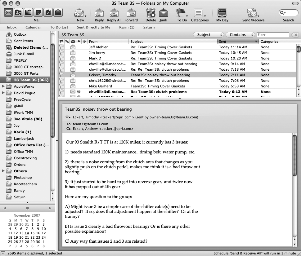 When you’re using Entourage’s email function, the standard window displays a folder list, a list pane showing all of the messages in a particular folder, and an email-specific toolbar. There’s also an information bar at the bottom of the screen that shows how many messages are in a chosen folder, how many are selected, and what schedules (if any) Entourage has on deck. Don’t miss the Fonts tab in Entourage → Preferences → General, where you can specify the type size and style you prefer for reading and printing your email and other Entourage components.