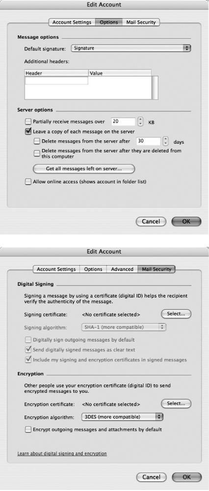 Top: Clicking the Options tab reveals a slew of options that aren’t available through the Account Setup Assistant. For example, if you have a slow connection, you can choose to just partially receive large messages, and if you’d like to access your mail from more than one computer, you can choose to leave a copy of the messages on the server.Bottom: The Mail Security tab lets you choose email-specific security options.