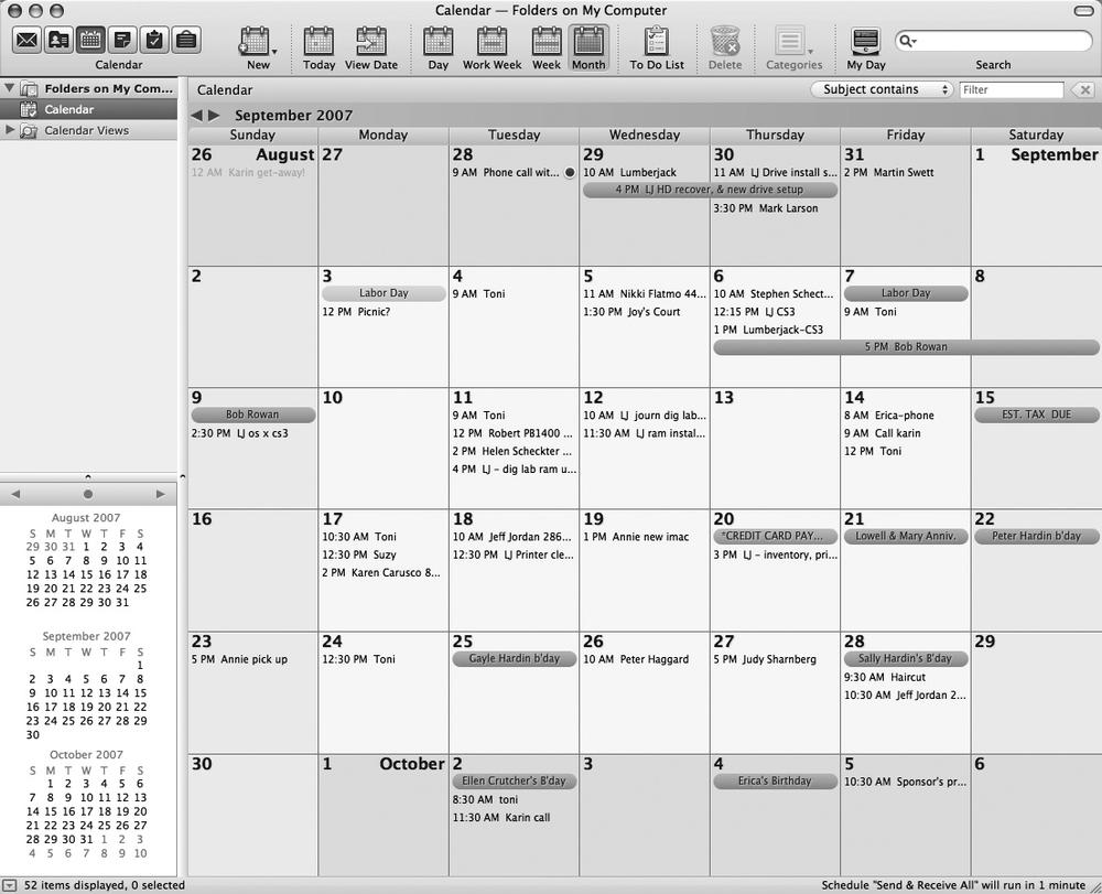 Entourage’s Calendar view provides an overview of adjacent months and a big view of the current month. You can also choose to display the current week, work week, or day. Holidays and other special days (which you have to import from a separate file; see the box on ) appear in the large detail calendar. At the top of the window, Entourage has a calendar-specific toolbar for changing the view, opening your To Do list, categorizing appointments, and so on.
