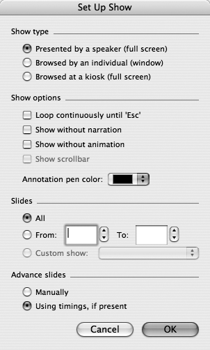 The Set Up Show dialog box lets you select the type of show and show options, and choose which slides to use and how you want them to be advanced: manually, with a mouse click; or automatically, using preset timings.