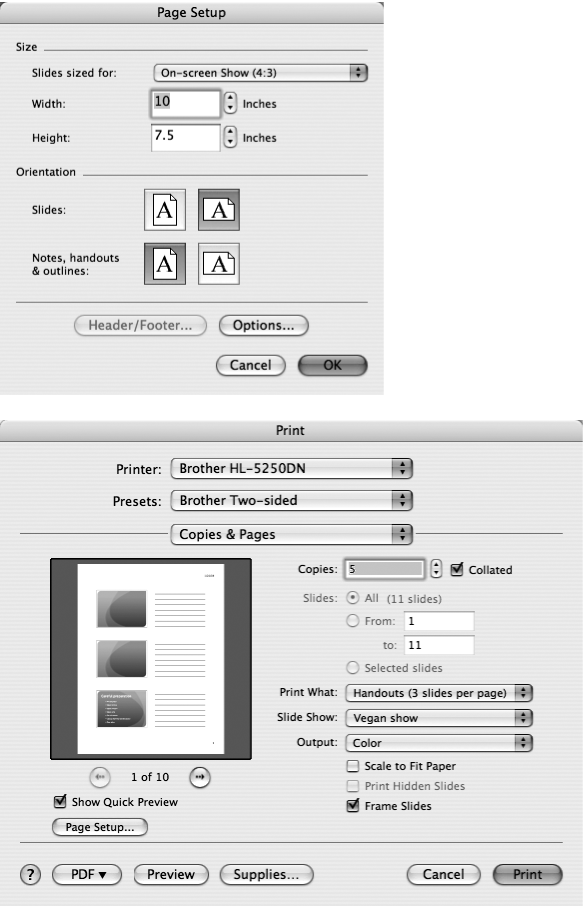 Top: The basic options in the Page Setup dialog box let you size your slides and set a separate orientation (portrait or landscape) for slides and other documents—notes, handouts, and outlines—that you want to print.Bottom: In the Print dialog box, use the Print What pop-up menu to print an outline, notes, various styles of Handouts—or full-page slides. The Output pop-up menu lets you save your color printer’s ink—and your time—by choosing Grayscale or Black and White.