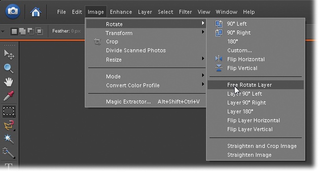 In a Missing Manual, when you see "Image → Rotate → Free Rotate Layer," that's a quicker way of saying "Go to the menu bar and click Image, and then slide down to Rotate and choose Free Rotate Layer from the pop-up menu."