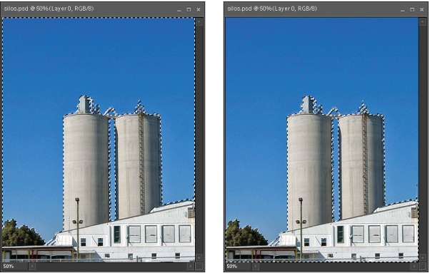 Left: Say you want to make some adjustments to just the building in this photo. You could spend half an hour meticulously selecting it, or instead just select the sky with a click of the Magic Wand and invert your selection to get the silos. Here, the sky has the marching ants around it to show that it's the active selection—but that's not what you want.Right: Inverting the selection (Select → Inverse) gives you the ants around the buildings without the trouble of tracing out all the ladders and pipes on the silos.