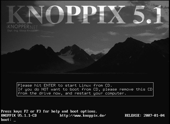 The Knoppix boot screen