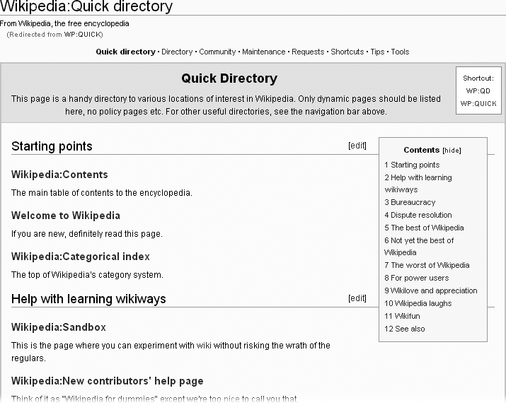 The Quick Directory gives you a good overview of the ecology of Wikipedia, with relatively few links to follow.