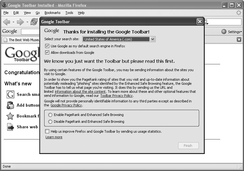 After you’ve successfully downloaded and installed the Toolbar, you see this box the first time you restart your Web browser. Take the time to read it, because it explains how Google may use the info it collects as you surf the Web with your new Toolbar.