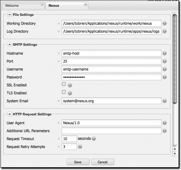 Nexus server configuration (file, SMTP, and HTTP config)