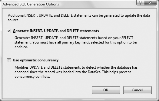 You’ll use the Advanced SQL Options dialog box to automatically create the SQL statements to add, edit, and delete data from your data source.