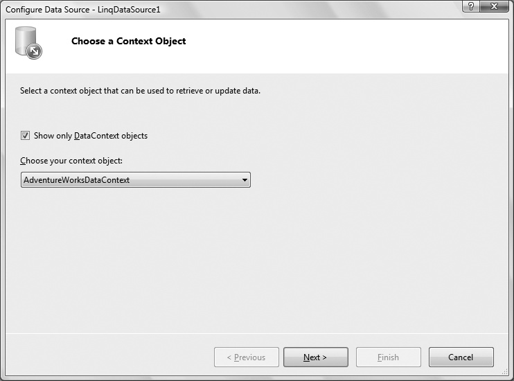 The first step in the Configure Data Source wizard for a LinqDataSource asks you to select a DataContext object.