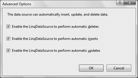 When configuring the LinqDataSource, clicking on the Advanced button allows you to configure advanced options.
