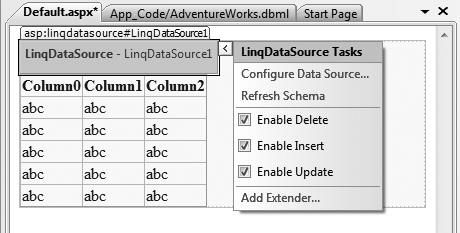 After configuring the LinqDataSource, you can enable Deletes, Inserts, and Updates.