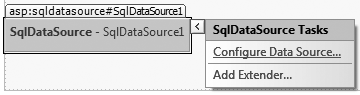 A Smart Tag opens when you drag the SqlDataSource control onto your page, allowing you to configure the data source.