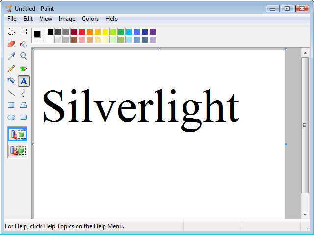 The word “Silverlight” displayed by Paint, a pixel-based tool