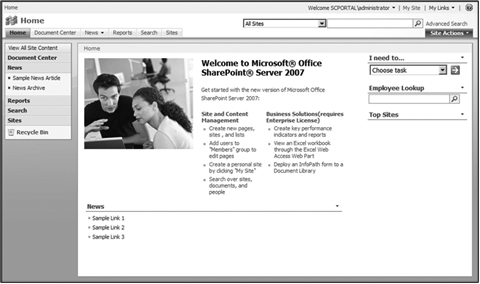 A SharePoint site using a MOSS site template