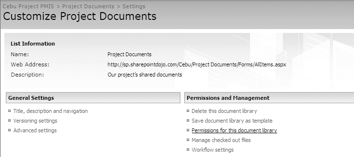 Accessing Permissions for this document library