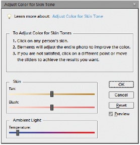 When this dialog box appears, your cursor turns into a little eyedropper when you move it over your photo. Just click the best-looking area of skin you can find. You won’t see any sliders in the tracks until you click. After Elements adjusts the photo based on your click, the sliders appear and you can use them to fine-tune the results. Clicking different spots gives different results, so you may want to experiment by clicking different places.