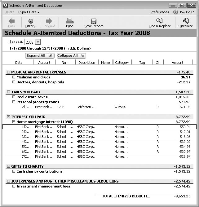 Quicken’s built-in Schedule A-Itemized Deductions report is only a few clicks away…if you keep up your end of the bargain and categorize your transactions properly. (Don’t fret—it’s really easy.) The Tax Summary report () covers all tax-related categories, including those for Form 1040, Schedule A, Schedule B, Schedule C, and W-2.