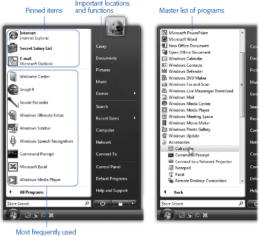 Left: The Start menu’s top-left section is yours to play with. You can “pin” whatever programs you want here, in whatever order you like. The lower-left section lists programs you use most often. (You can delete individual items here—see Section 5.6.3—but you can’t add things manually or rearrange them.) The right-hand column links to important Windows features and folder locations.Right: The All Programs menu replaces the left column of the Start menu, listing almost every piece of software you’ve got. You can rearrange, add to, or delete items from this list.
