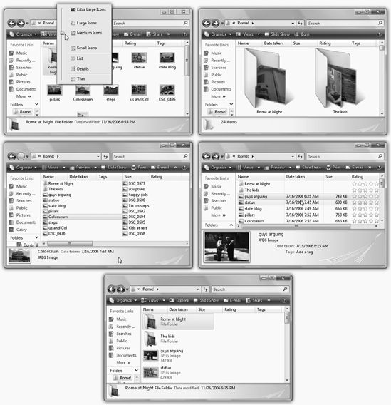 The Views pop-up menu is a little weird; it actually has two columns. At right, it displays the preset view options for the files and folders in a window. At left, a slider adjusts icon sizes to any incremental degree of scaling—at least until it reaches the bottom part of its track.In any case, here’s a survey of the window views in Vista. From top left: Icon view (small), Icon view (large), List view, Details view, and Tiles view. List and Details views are great for windows with lots of files.