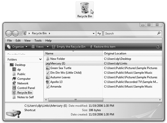 When you double-click the Recycle Bin (top), its window (bottom) displays information about each folder and file that it holds. To sort its contents, making it easier to find a deleted icon, click the gray column heading for the type of sort you need.