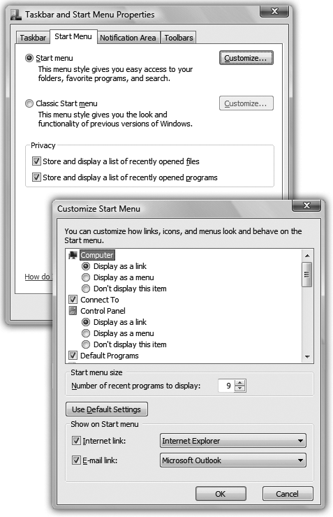 Top: On this first screen, you can turn off the new, improved Vista two-column Start menu design to return to the single-column Classic Start menu design of Windows versions gone by. Click Customize to get to the good stuff. (The Privacy checkboxes refer to the lower-left section of the Start menu, which lists the programs you use most often, and the Recent Items submenu, which lists documents you’ve had open. Turn these off if you don’t want to risk your supervisor coming by while you’re up getting coffee, and noticing that your most recently used programs are Tetris Max, Myst IV, Tomb Raider, and Quake.)Bottom: Here’s the Customize Start Menu dialog box.